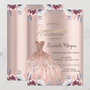 Chic Rose Gold Dress Floral Quinceañera Invitation