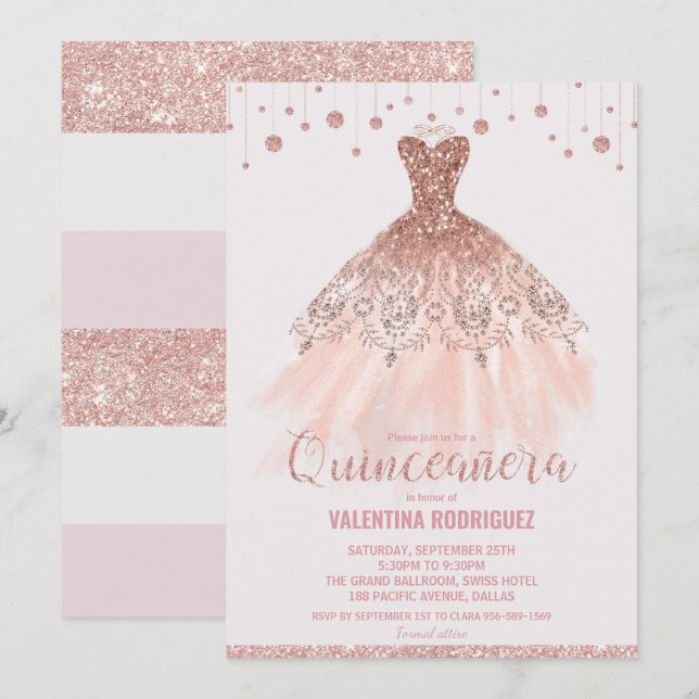Chic Rose Gold Dress Quinceañera 15th Birthday Invitation (Front/Back)
