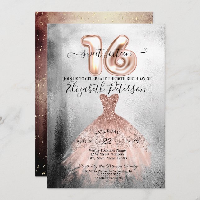  Chic Rose Gold Dress Silver Confetti Sweet 16 Invitation (Front/Back)