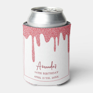 Chic Rose Gold Drip Glitter Sweet 16 Birthday Can Cooler