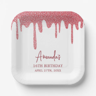 Chic Rose Gold Drip Glitter Sweet 16 Birthday Paper Plate