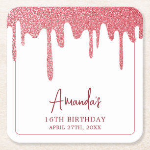 Chic Rose Gold Drip Glitter Sweet 16 Birthday Square Paper Coaster