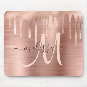 Chic Rose Gold Dripping Brushed Metal Blush Script Mouse Mat