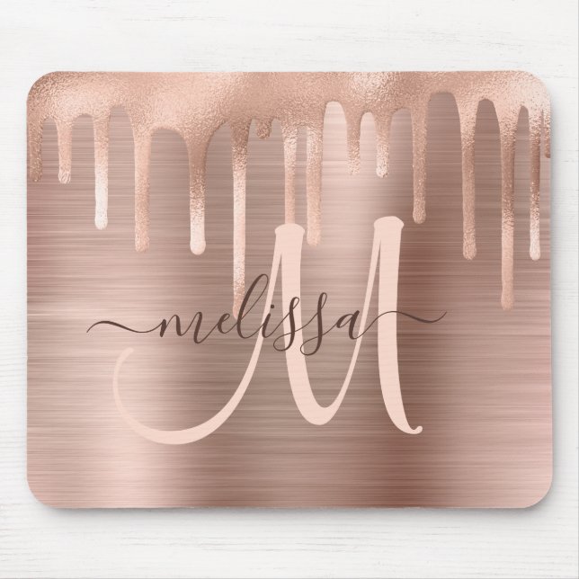 Chic Rose Gold Dripping Brushed Metal Blush Script Mouse Mat (Front)