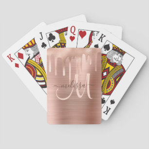Chic Rose Gold Dripping Brushed Metal Blush Script Playing Cards