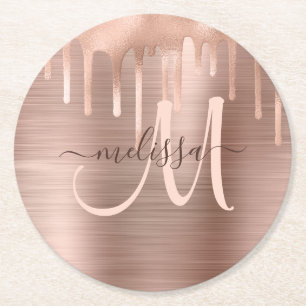 Chic Rose Gold Dripping Brushed Metal Blush Script Round Paper Coaster