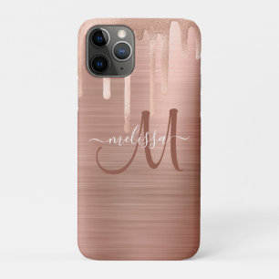 Chic Rose Gold Dripping Brushed Metal Monogram iPhone 11 Pro Case