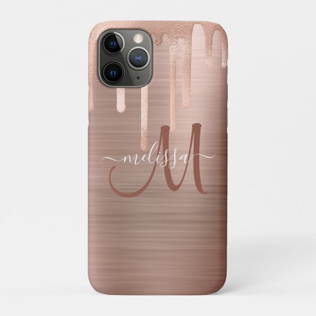 Chic Rose Gold Dripping Brushed Metal Monogram Case-Mate iPhone Case (Back)