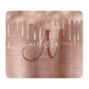 Chic Rose Gold Dripping Brushed Metal Monogram Cutting Board