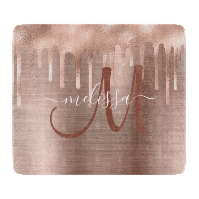 Chic Rose Gold Dripping Brushed Metal Monogram Cutting Board (Front)