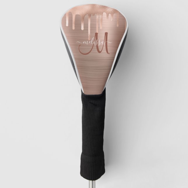 Chic Rose Gold Dripping Brushed Metal Monogram Golf Head Cover (Front)