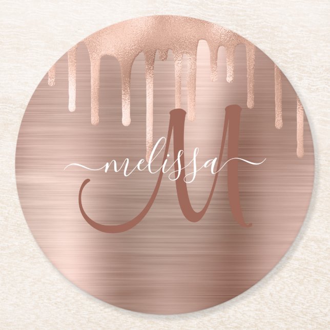 Chic Rose Gold Dripping Brushed Metal Monogram Round Paper Coaster (Front)