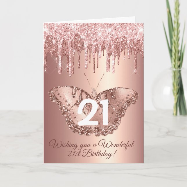 Chic Rose Gold Dripping Glitter Birthday Card (Front)