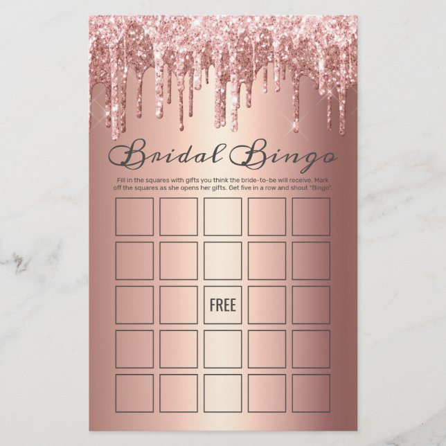 Chic Rose Gold Dripping Glitter Bridal Bingo Game (Front)