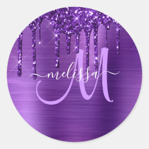 Chic Rose Gold Dripping Glitter Brushed Metal Glam Classic Round Sticker