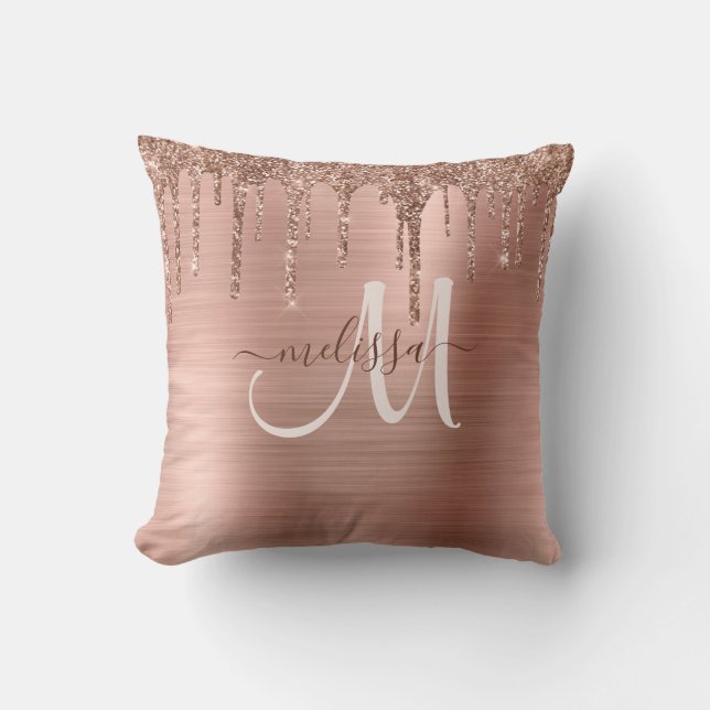 Chic Rose Gold Dripping Glitter Brushed Metal Glam Cushion (Front)