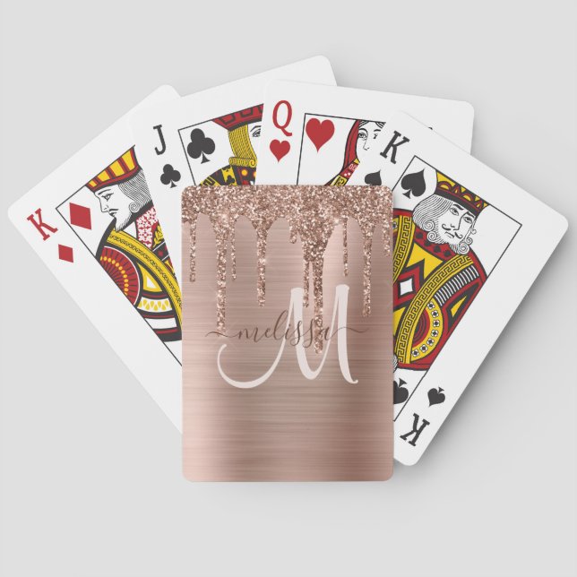 Chic Rose Gold Dripping Glitter Brushed Metal Glam Playing Cards (Back)