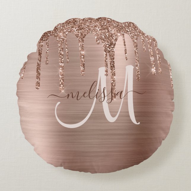 Chic Rose Gold Dripping Glitter Brushed Metal Glam Round Cushion (Front)