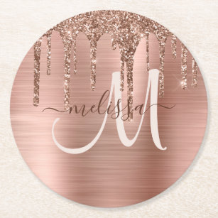 Chic Rose Gold Dripping Glitter Brushed Metal Glam Round Paper Coaster