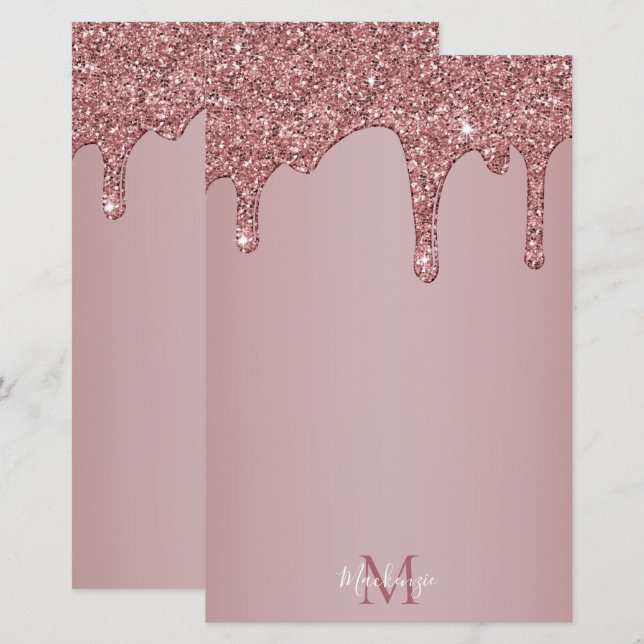 Chic Rose Gold Dripping Glitter Glam Monogram (Front/Back)