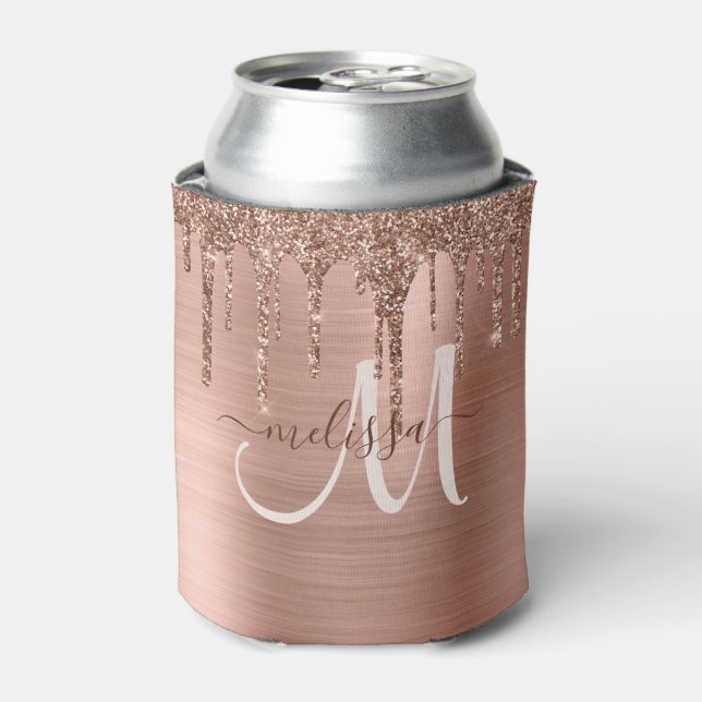 Chic Rose Gold Dripping Glitter Metal Monogram Can Cooler (Can Front)