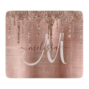 Chic Rose Gold Dripping Glitter Metal Monogram Cutting Board