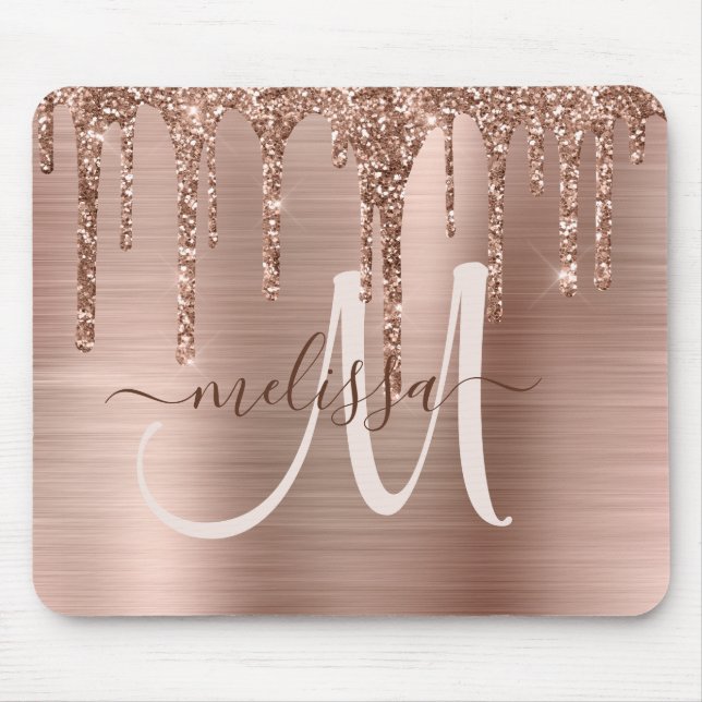 Chic Rose Gold Dripping Glitter Metal Monogram Mouse Mat (Front)