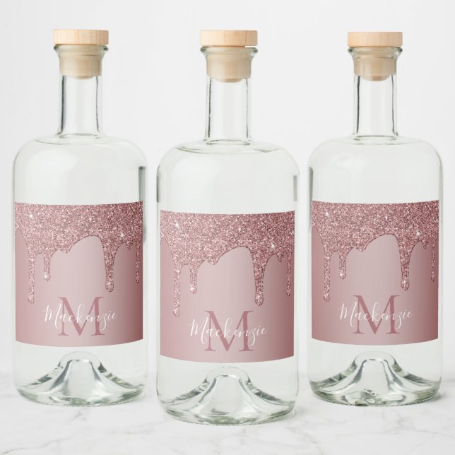 Chic Rose Gold Dripping Glitter Monogram Liquor Bottle Label (Bottles)