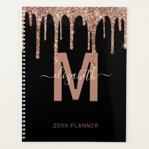 Chic Rose Gold Dripping Glitter Monogram Name 2022 Planner