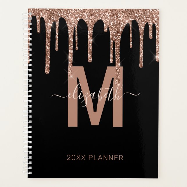 Chic Rose Gold Dripping Glitter Monogram Name 2022 Planner (Front)
