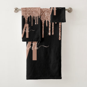 Chic Rose Gold Dripping Glitter Monogram Name Bath Towel Set