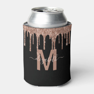 Chic Rose Gold Dripping Glitter Monogram Name Can Cooler