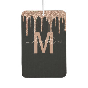 Chic Rose Gold Dripping Glitter Monogram Name Car Air Freshener