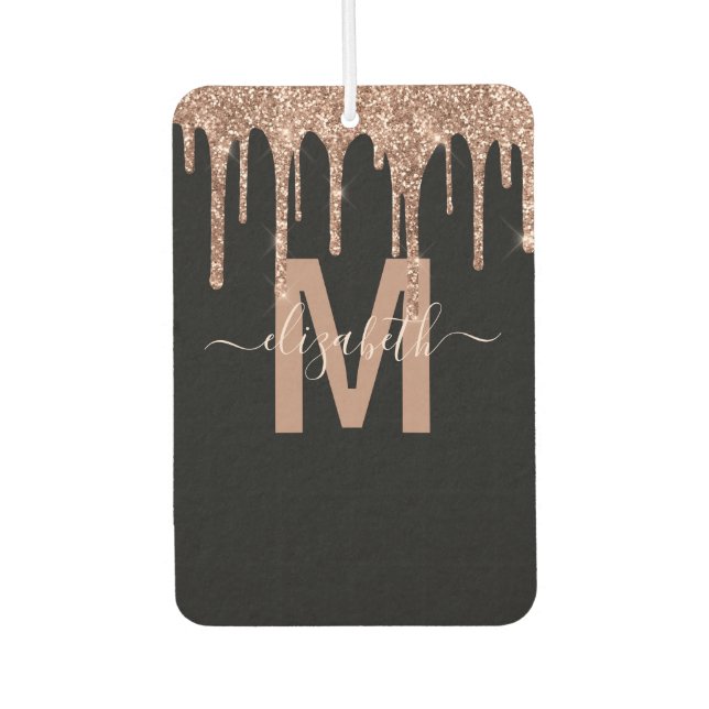 Chic Rose Gold Dripping Glitter Monogram Name Car Air Freshener (Front)