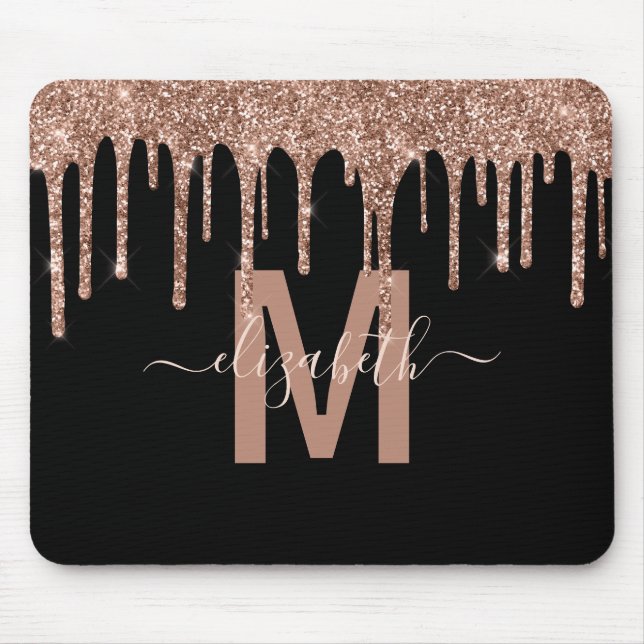 Chic Rose Gold Dripping Glitter Monogram Name Mouse Mat (Front)