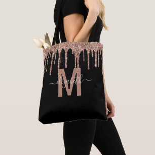 Chic Rose Gold Dripping Glitter Monogram Name Tote Bag