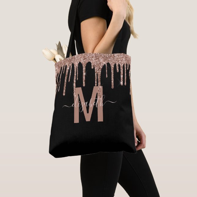 Chic Rose Gold Dripping Glitter Monogram Name Tote Bag (Close Up)