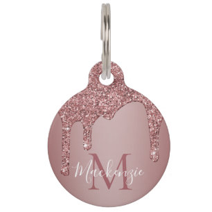 Chic Rose Gold Dripping Glitter Monogram Pet Tag