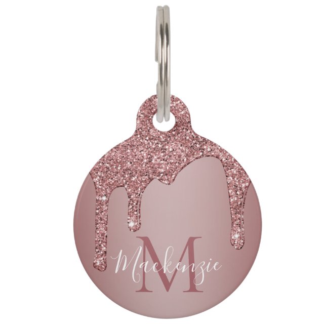 Chic Rose Gold Dripping Glitter Monogram Pet Tag (Front)