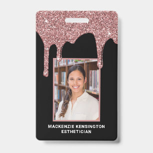Chic Rose Gold Dripping Glitter Photo Badge ID Badge