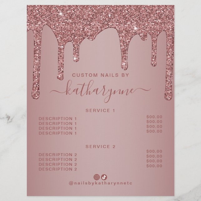 Chic Rose Gold Dripping Glitter Price List Flyer (Front)