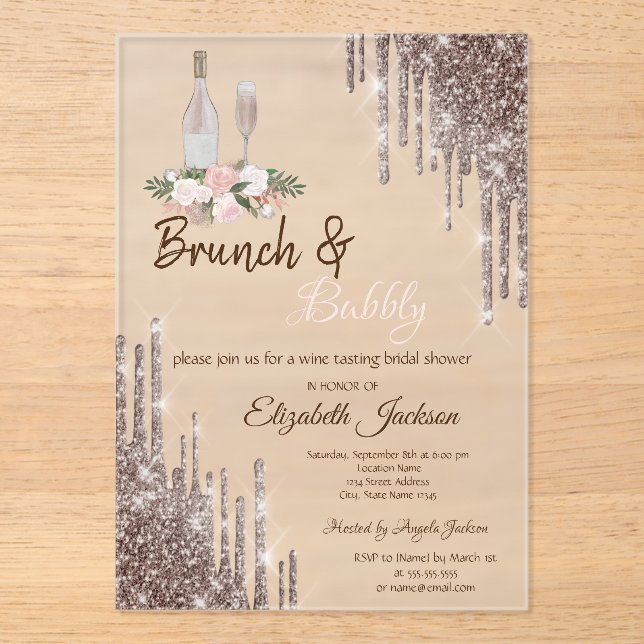Chic Rose Gold Drips Brunch & Bubbly Bridal Shower Acrylic Invitations (Front)
