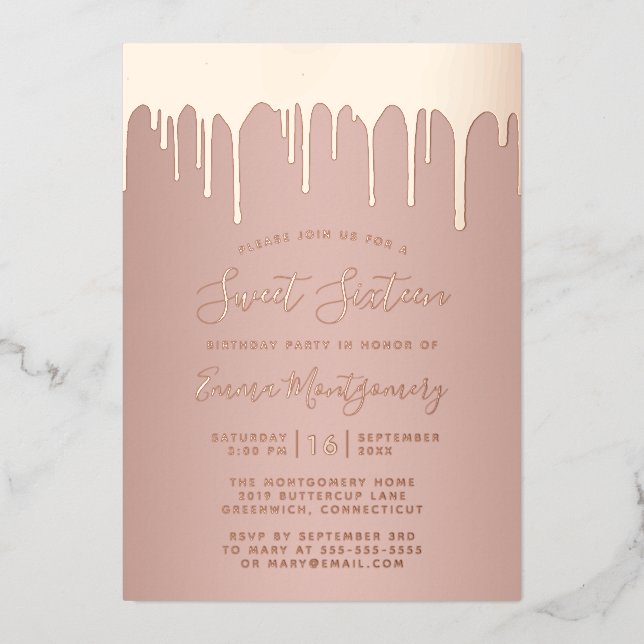 Chic Rose Gold Drips Sweet 16 Birthday Party (Front)