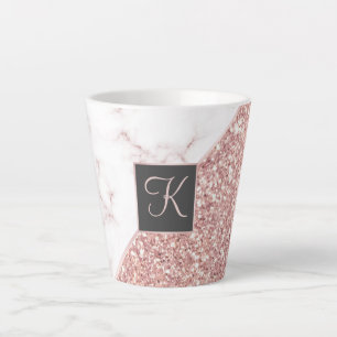 Chic Rose Gold Faux Glitter and Marble Monogram Latte Mug