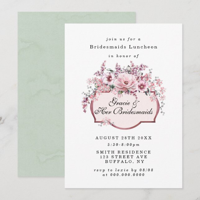 Chic Rose Gold Floral Bridesmaids Luncheon Invites (Front/Back)