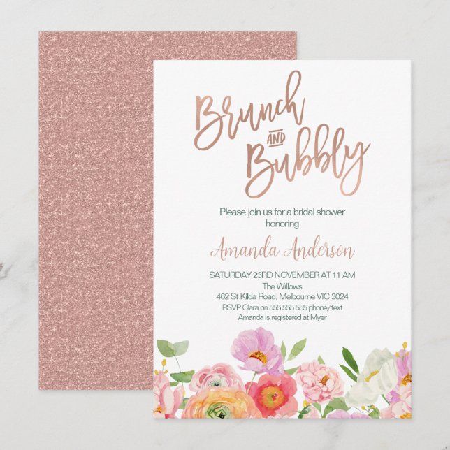 Chic Rose Gold Floral Brunch Bubbly Bridal Shower Invitation (Front/Back)