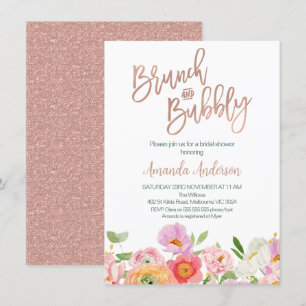Chic Rose Gold Floral Brunch Bubbly Bridal Shower Invitation
