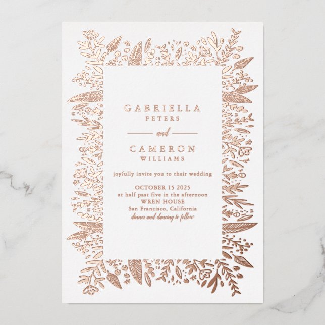 Chic Rose Gold Floral Line Art Drawing Wedding (Front)