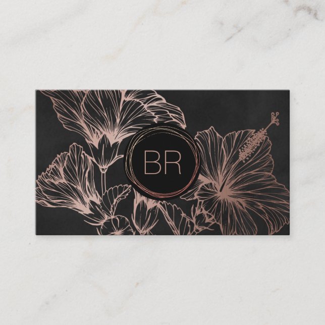 Chic Rose Gold Floral | Monogram Business Card (Front)