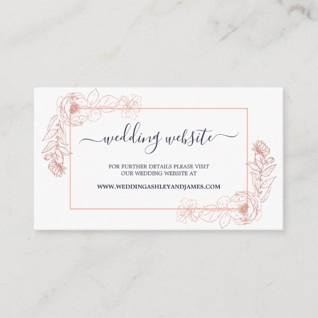 Chic Rose Gold floral Navy Blue Wedding Website Enclosure Card (Front)